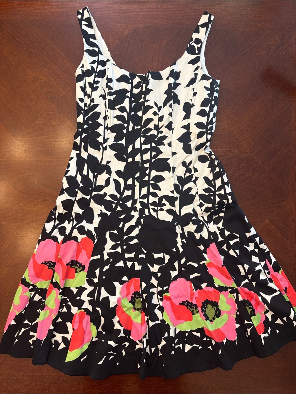 Nine West Black and White Midi Dress with Pink & Green Floral Border